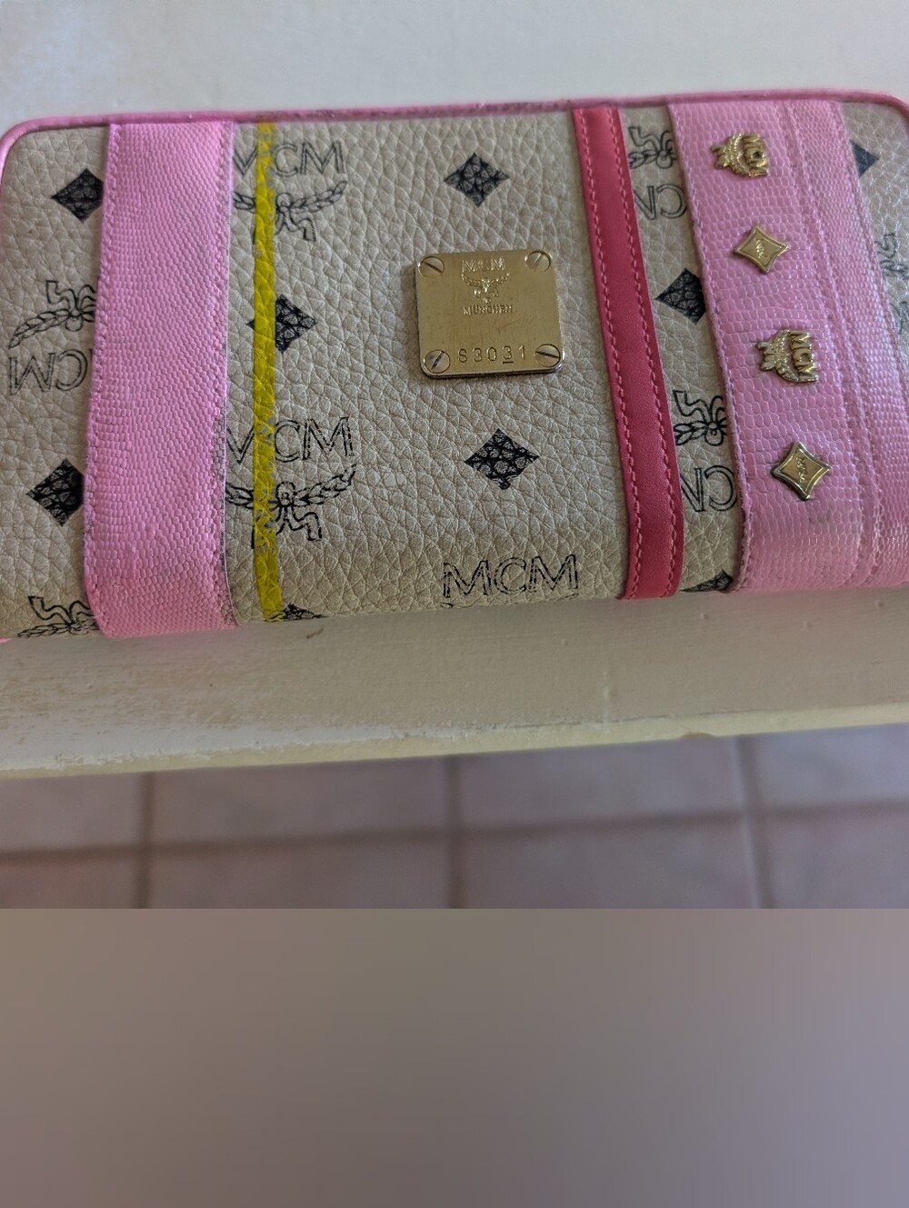 MCM Pink and Tan Zip-Around Wallet with Gold Accents!
